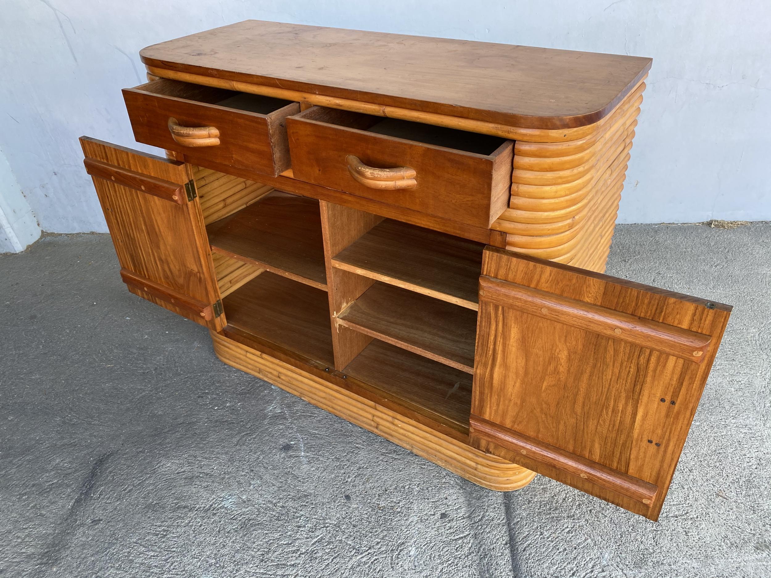 American Restored Stacked Midcentury Rattan Cabinet with Mahogany Top For Sale