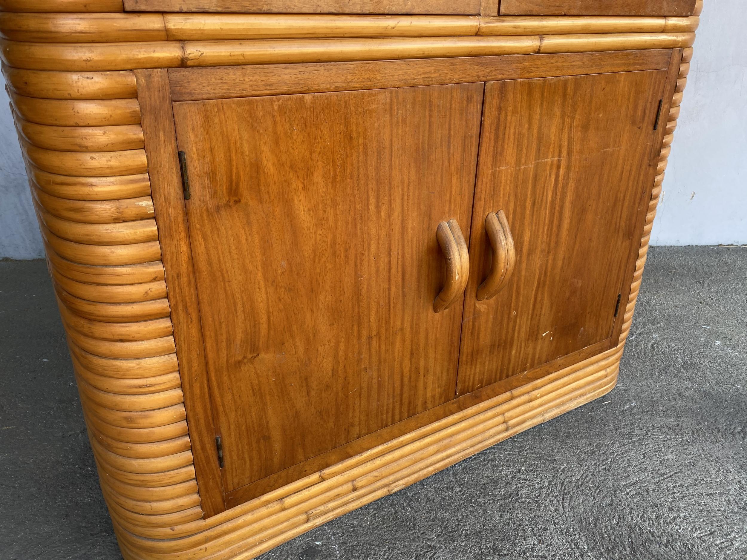 Mid-20th Century Restored Stacked Midcentury Rattan Cabinet with Mahogany Top For Sale