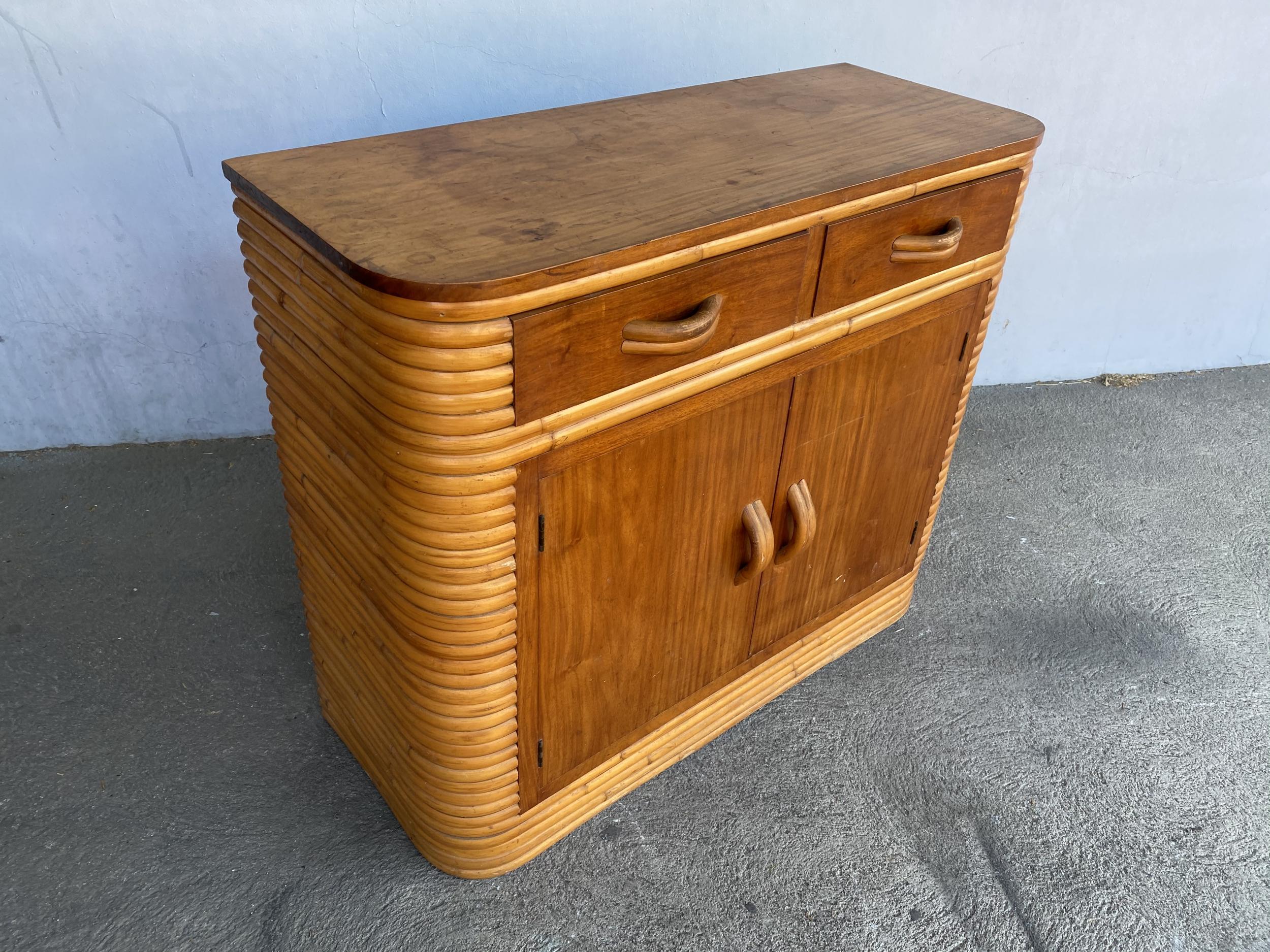 Restored Stacked Midcentury Rattan Cabinet with Mahogany Top For Sale 1