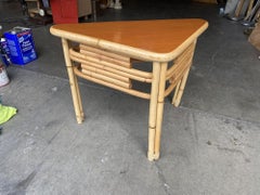 Restored Stacked Rattan Corner Side Table with Mahogany Tabletop