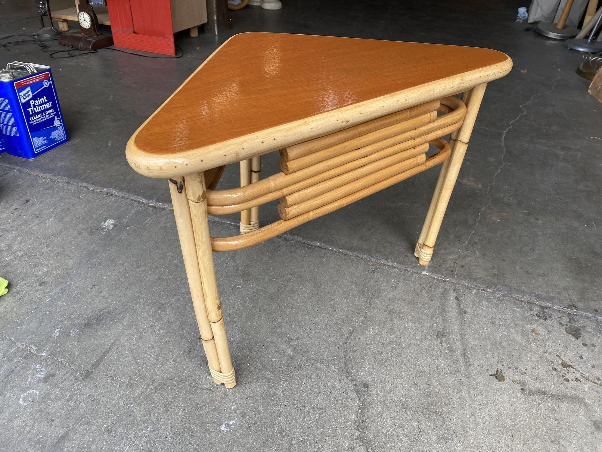 Restored Stacked Rattan Corner Side Table with Mahogany Tabletop In Excellent Condition For Sale In Van Nuys, CA