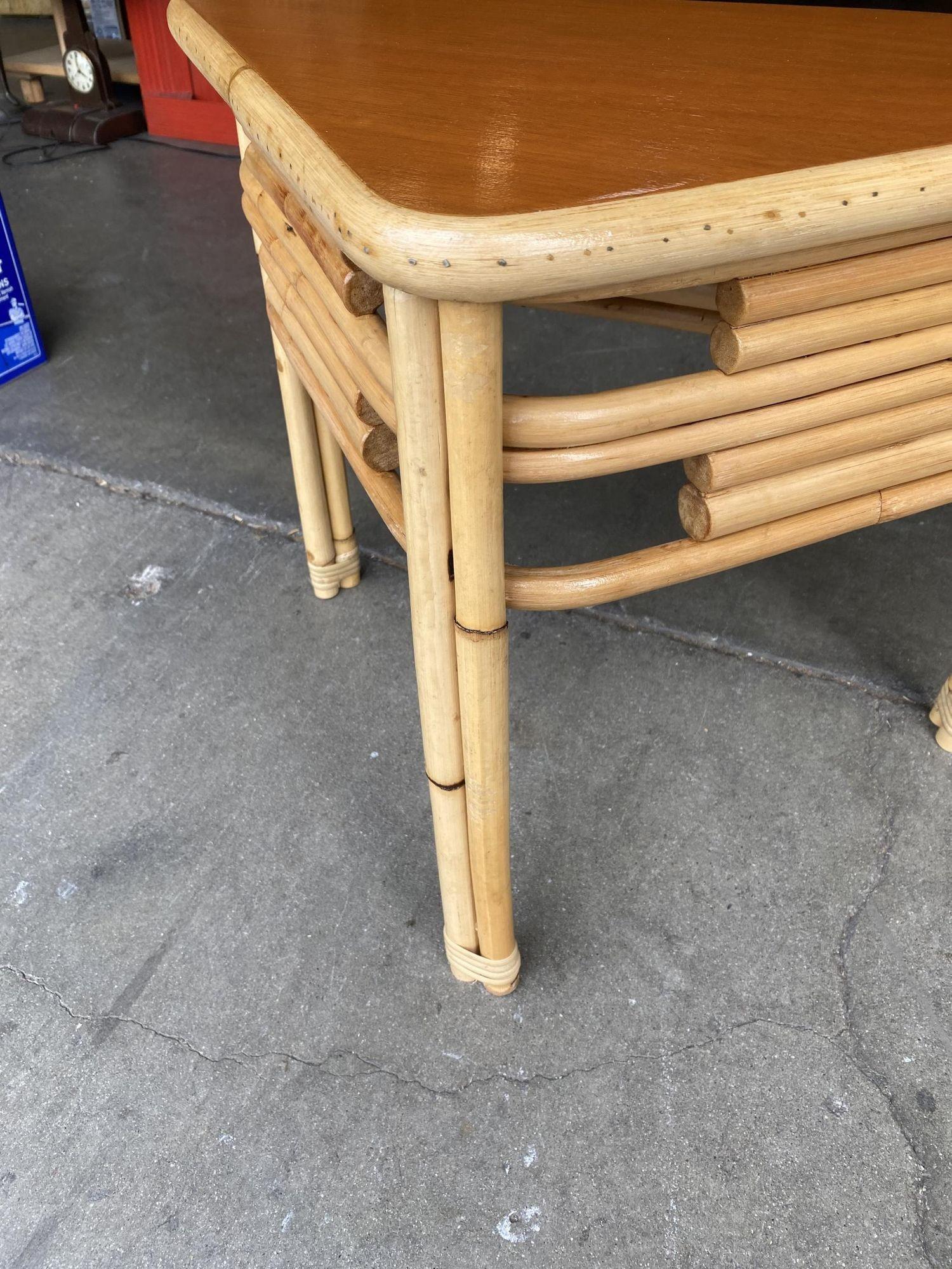 Restored Stacked Rattan Corner Side Table with Mahogany Tabletop For Sale 2
