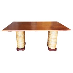 Restored Stacked Rattan Double Mahogany Pedestal Dining Table