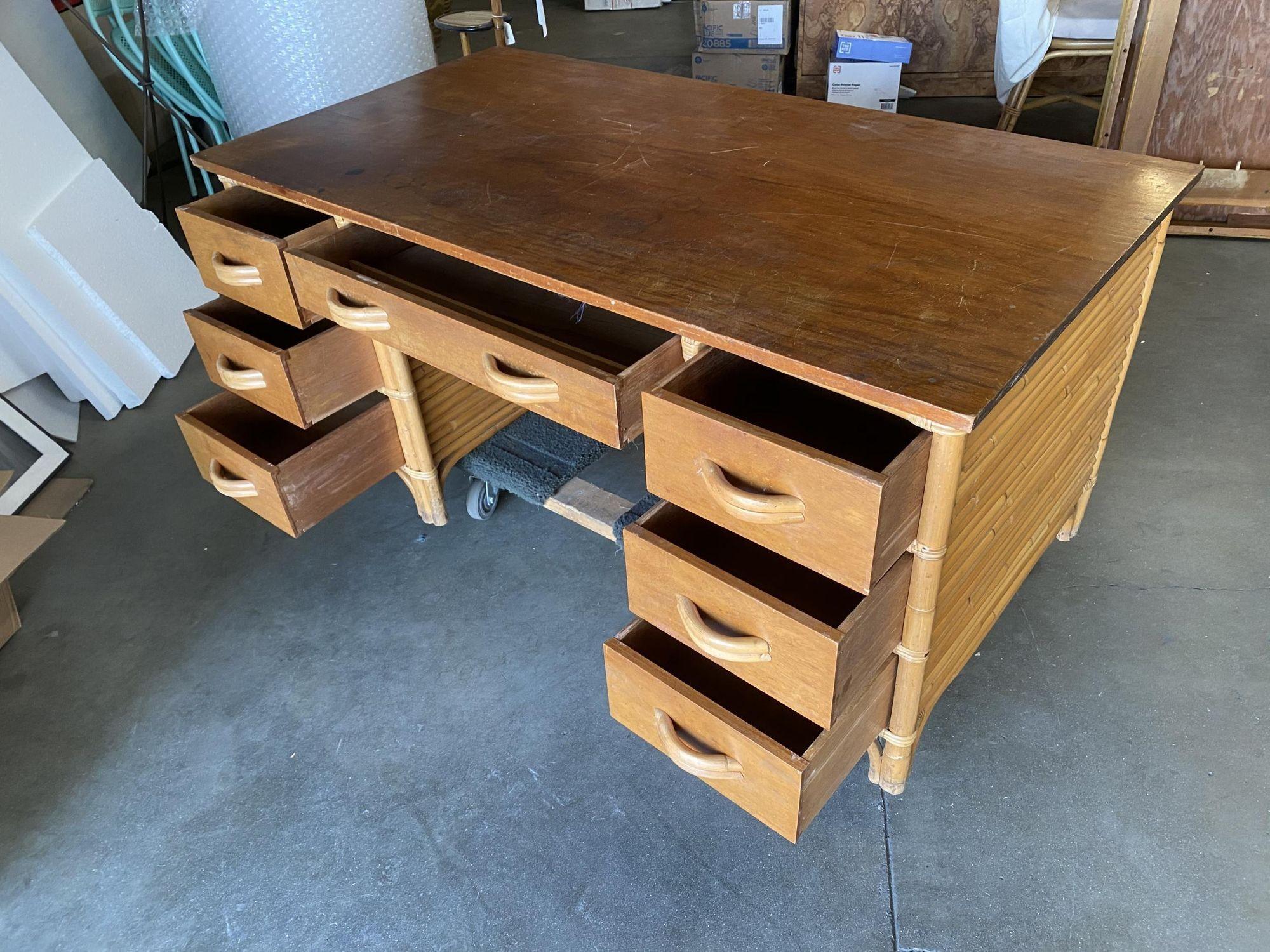 Restored Stacked Rattan Executive Desk W/ Solid Mahogany Top In Excellent Condition For Sale In Van Nuys, CA