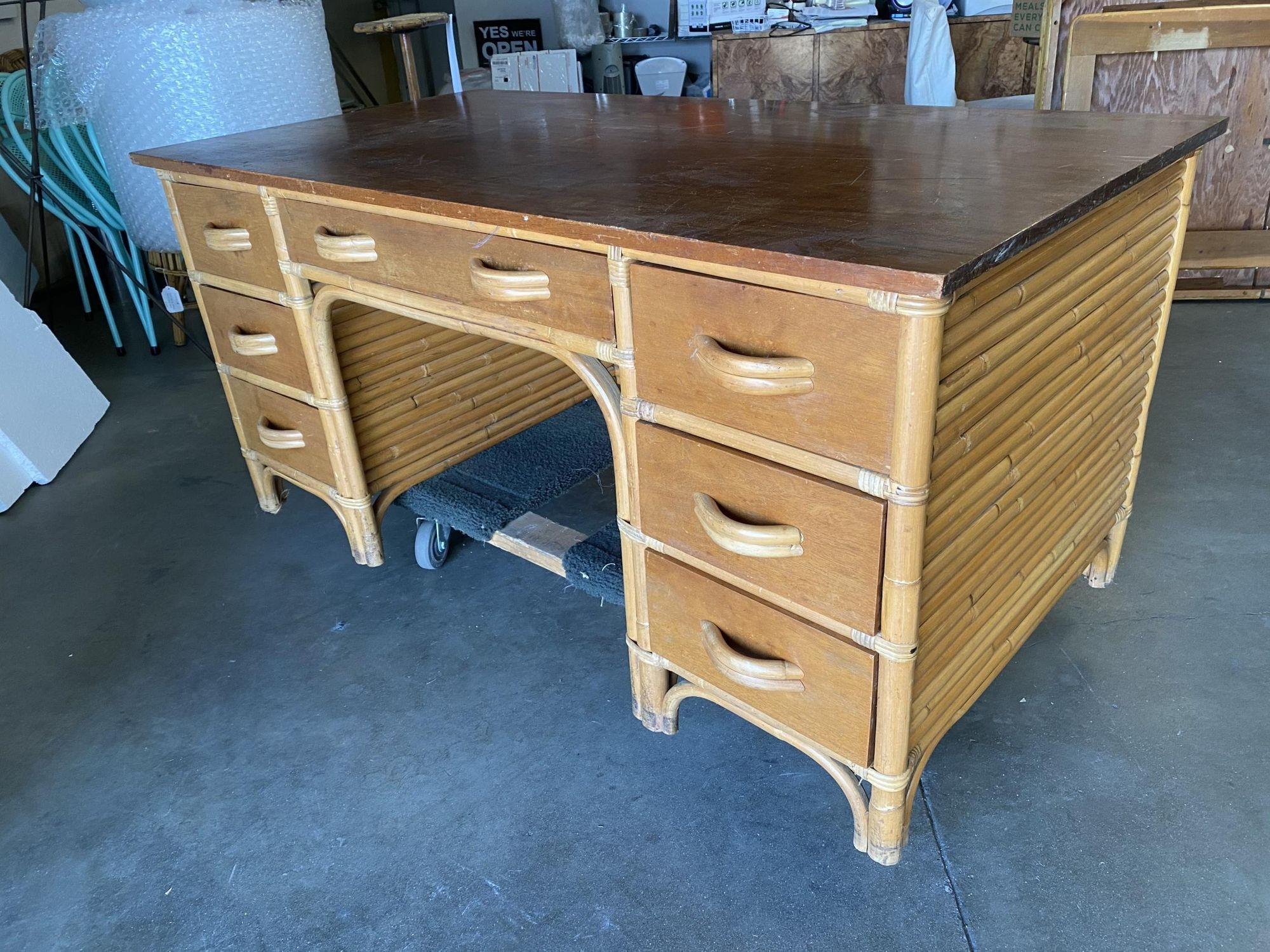 Mid-20th Century Restored Stacked Rattan Executive Desk W/ Solid Mahogany Top For Sale
