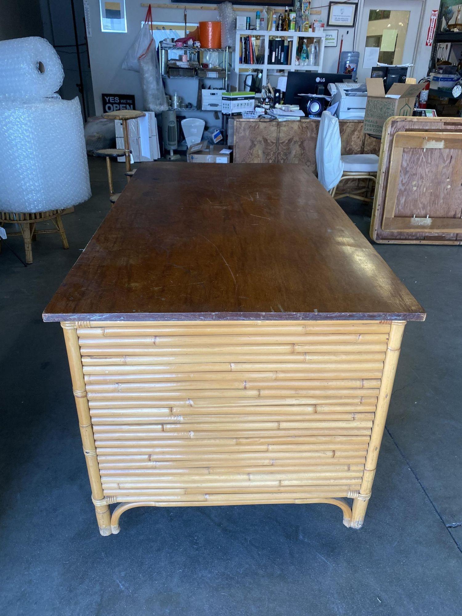 Restored Stacked Rattan Executive Desk W/ Solid Mahogany Top For Sale 2