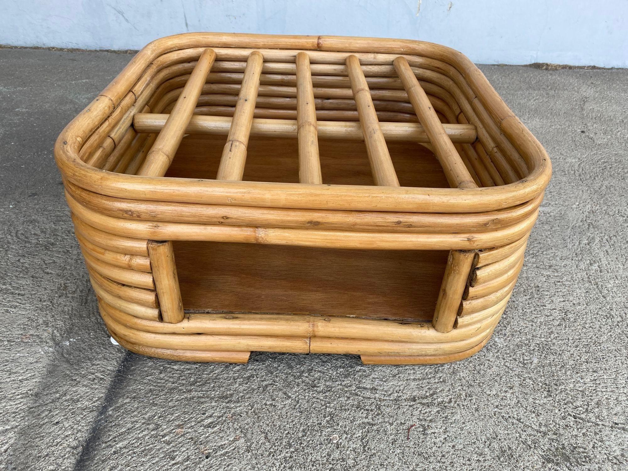 Restored Stacked Rattan Footrest Ottoman with Cubby Space, Pair In Excellent Condition For Sale In Van Nuys, CA