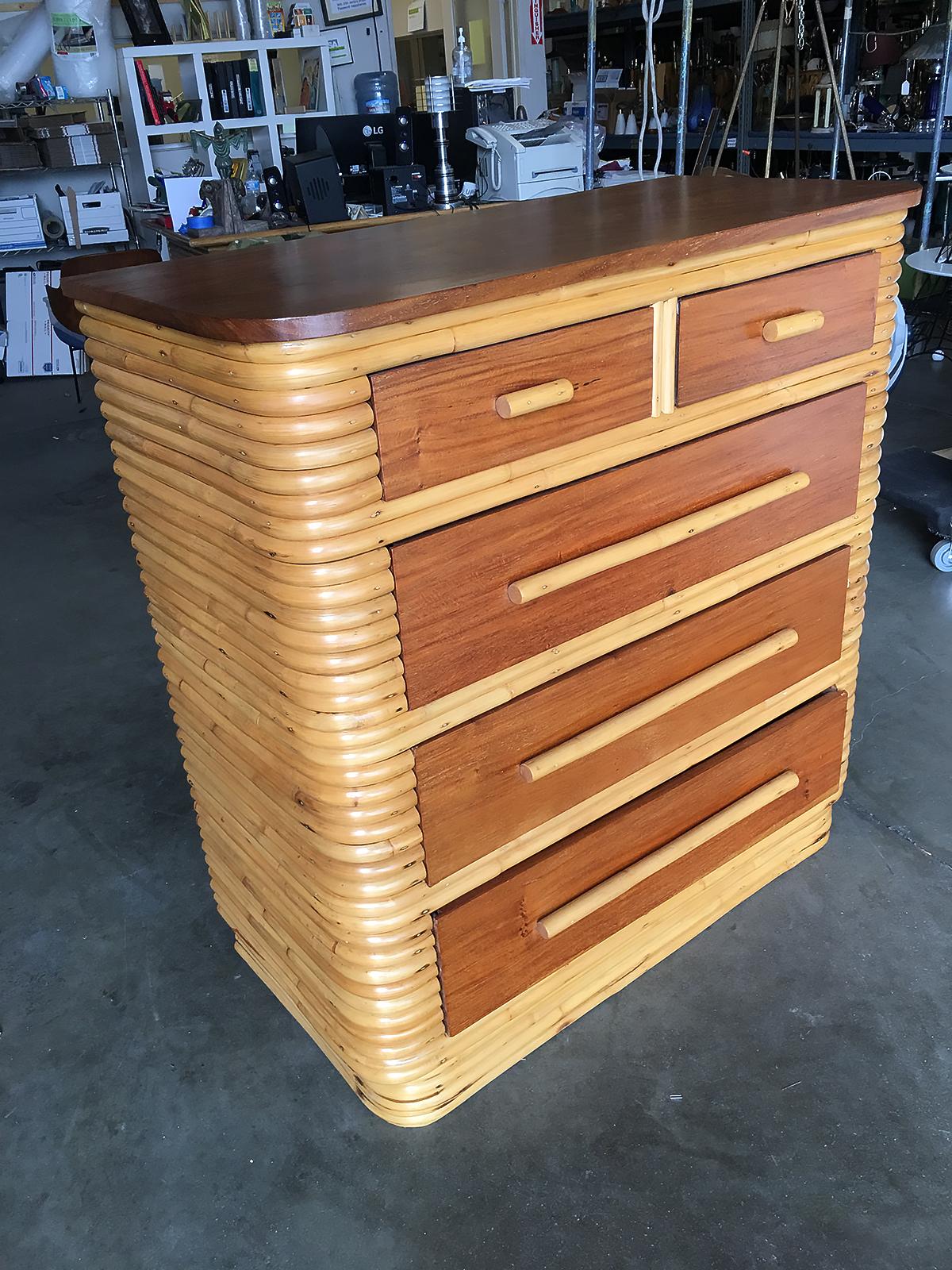 Oceanic Restored Highboy Stacked Rattan and Mahogany Dresser For Sale