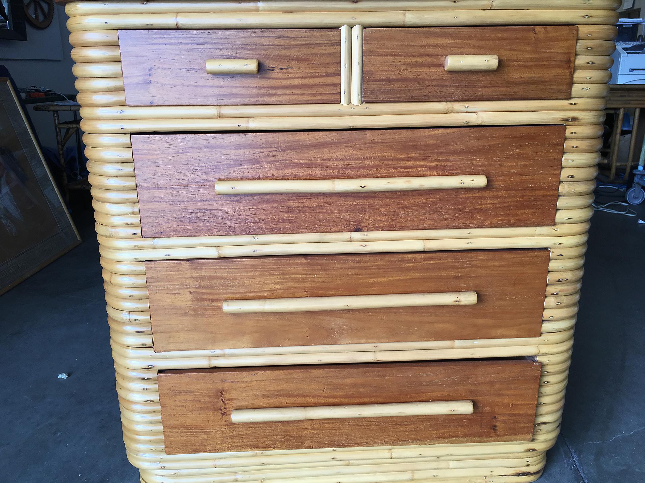Restored Stacked Rattan Highboy Dresser with Mahogany Top 1