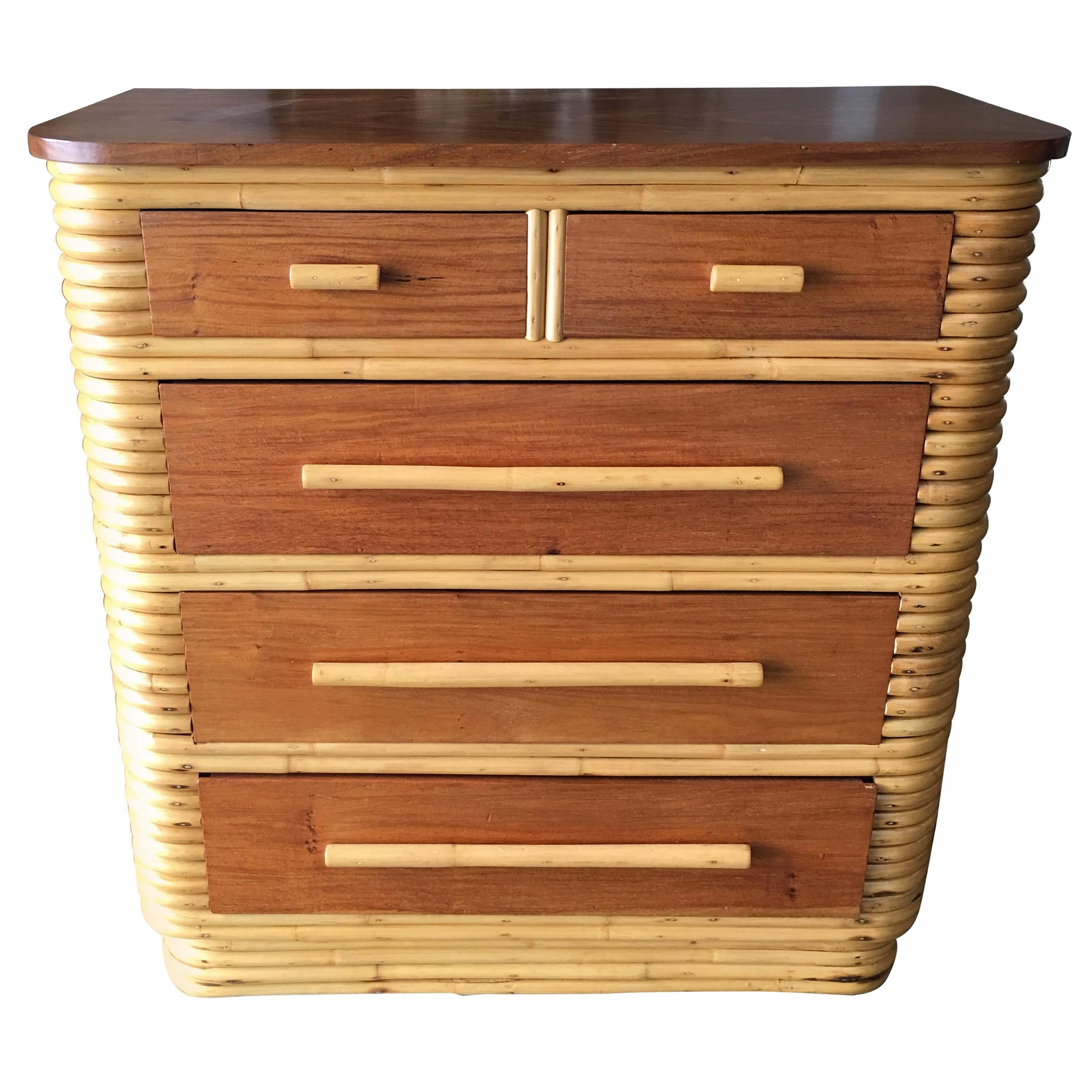 Restored Stacked Rattan Highboy Dresser with Mahogany Top