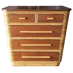 Vintage Restored Stacked Rattan Highboy Dresser with Mahogany Top