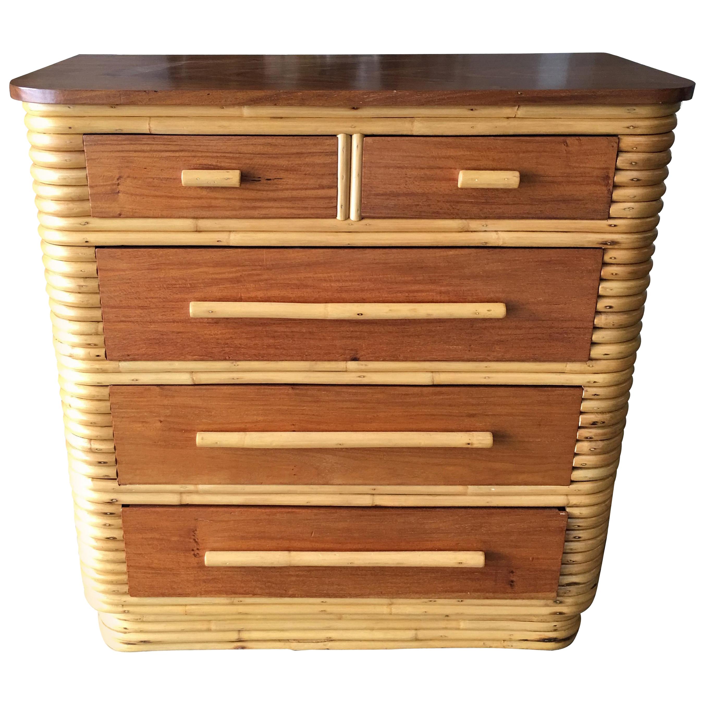 Restored Stacked Rattan Highboy Dresser with Mahogany Top For Sale at