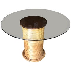 Restored Stacked Rattan Pedestal or End Table with Round 24 Inch Glass Top