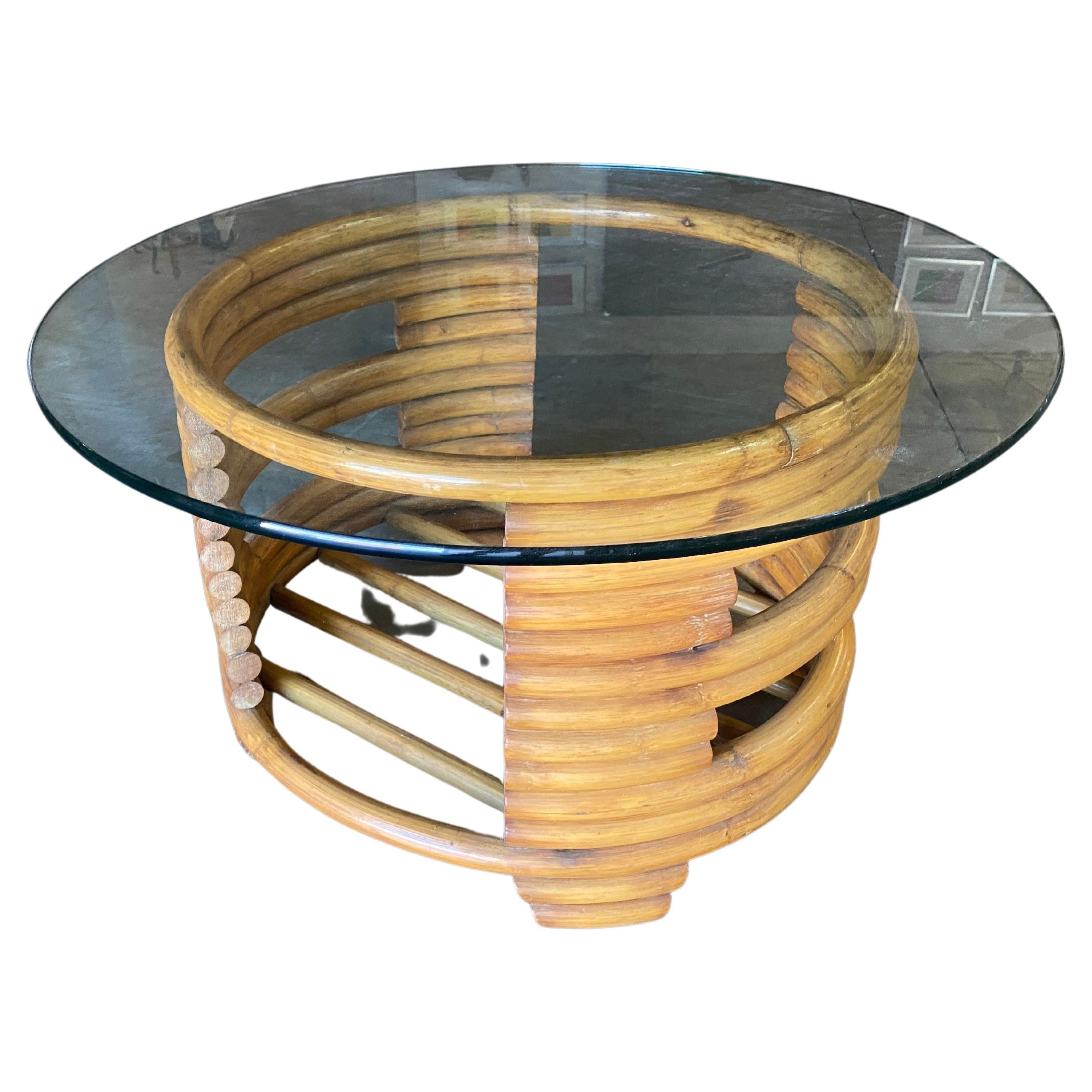 Restored Stacked Rattan Round Coffee Table with Glass Top For Sale at ...