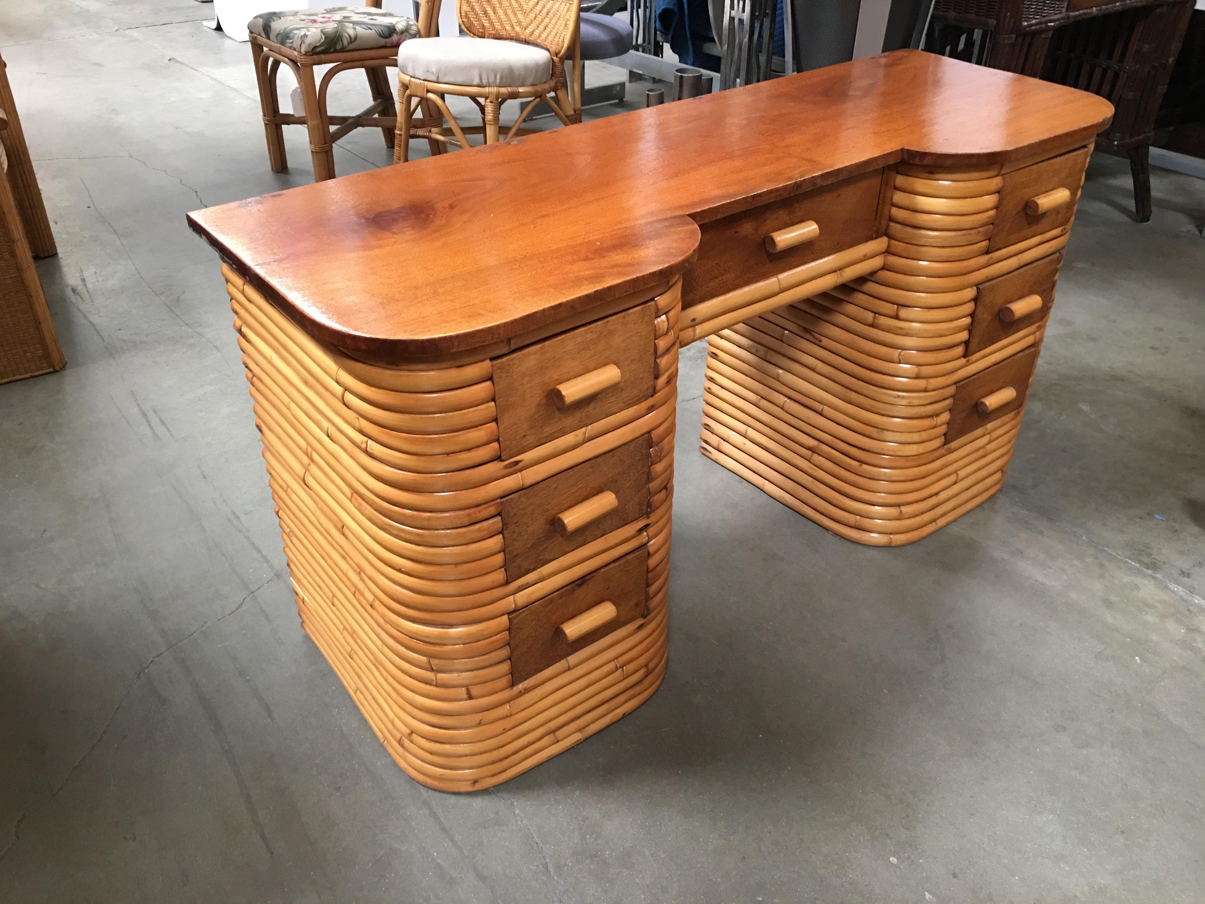 Restored Stacked Rattan Secretary Desk made with Mahogany In Excellent Condition In Van Nuys, CA
