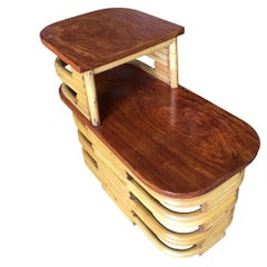 Restored Stacked Rattan Side Lamp Table w/ Mahogany