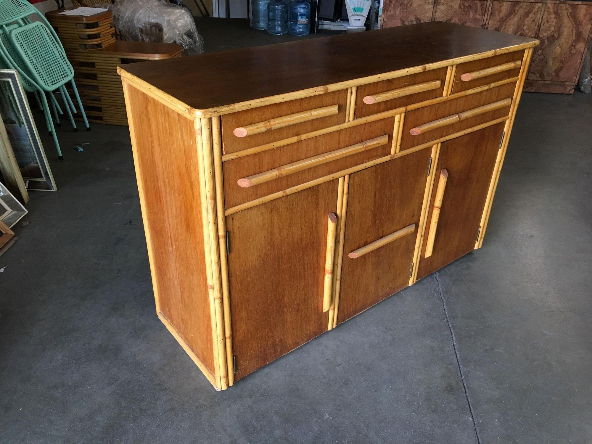 American Restored Stacked Rattan Sideboard W/ Mahogany Top For Sale