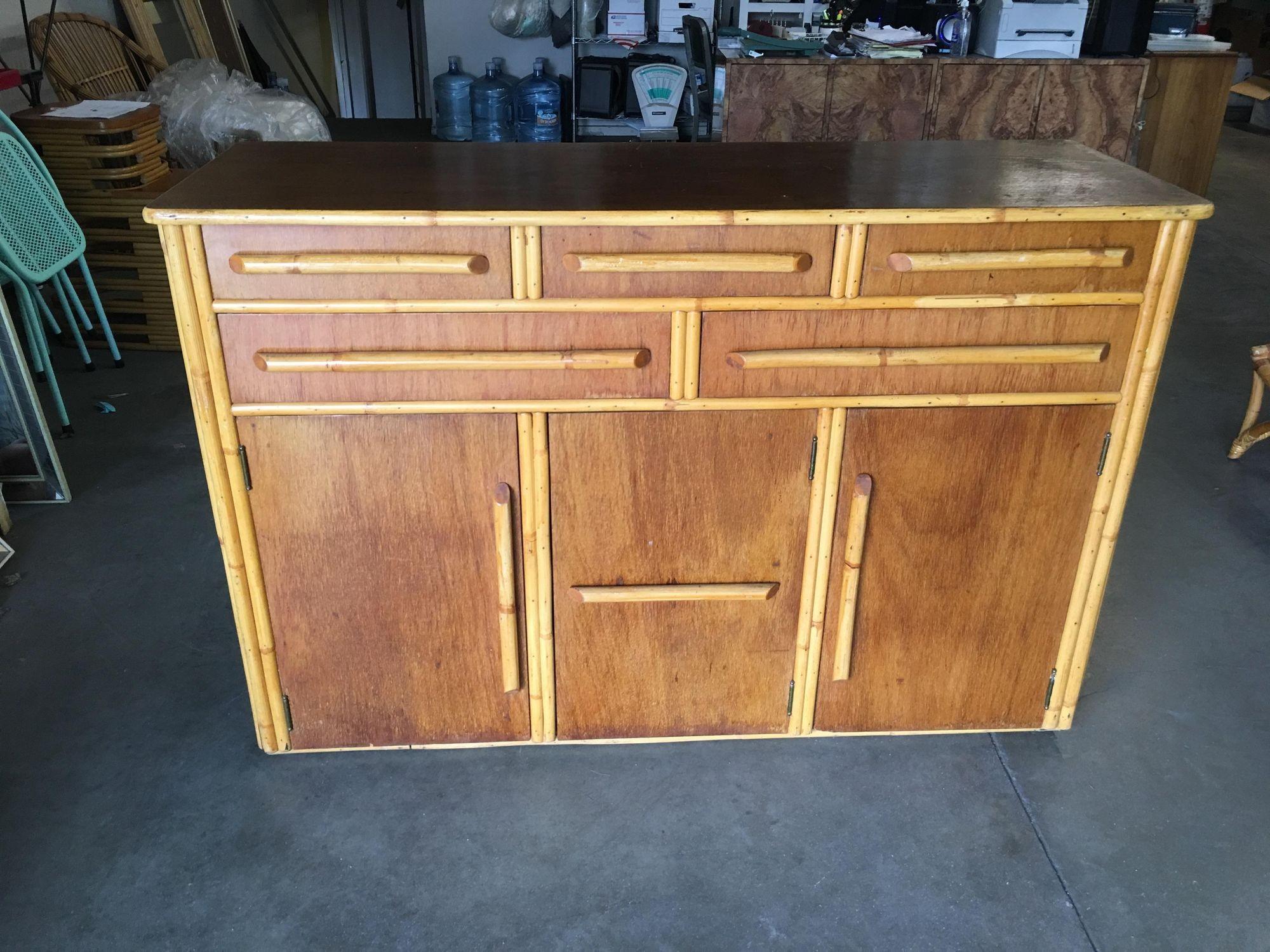 Restored Stacked Rattan Sideboard W/ Mahogany Top In Excellent Condition For Sale In Van Nuys, CA
