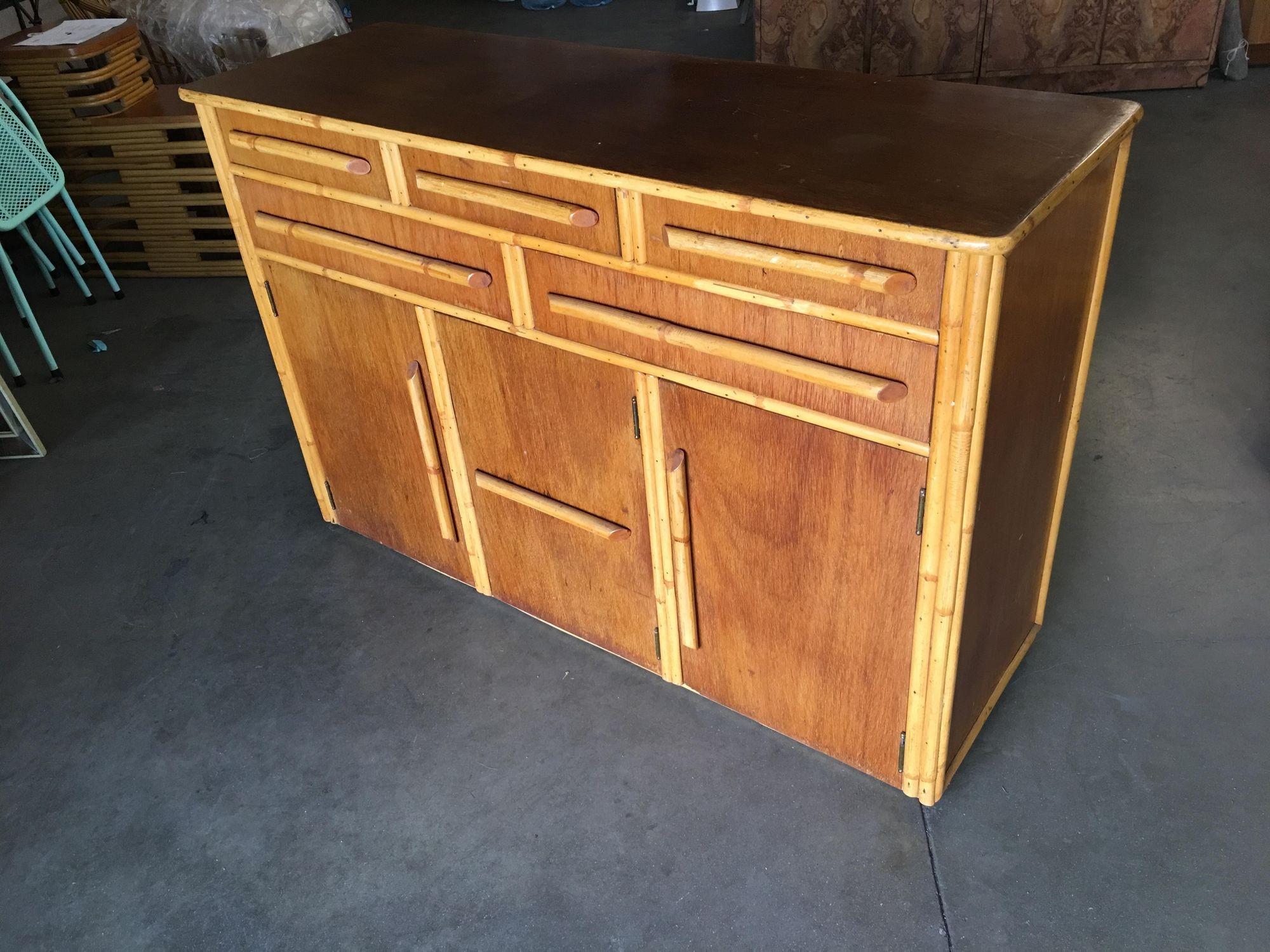 Mid-20th Century Restored Stacked Rattan Sideboard W/ Mahogany Top For Sale