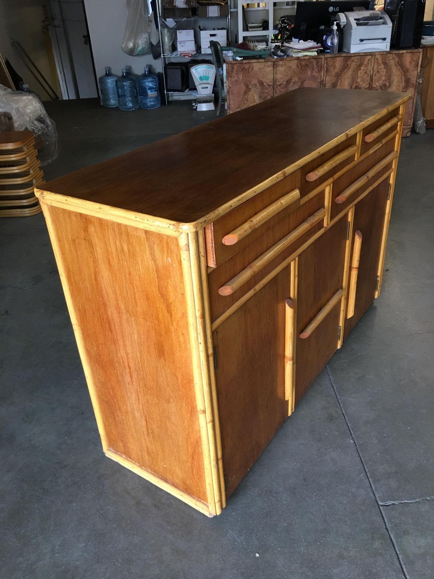 Restored Stacked Rattan Sideboard W/ Mahogany Top For Sale 1