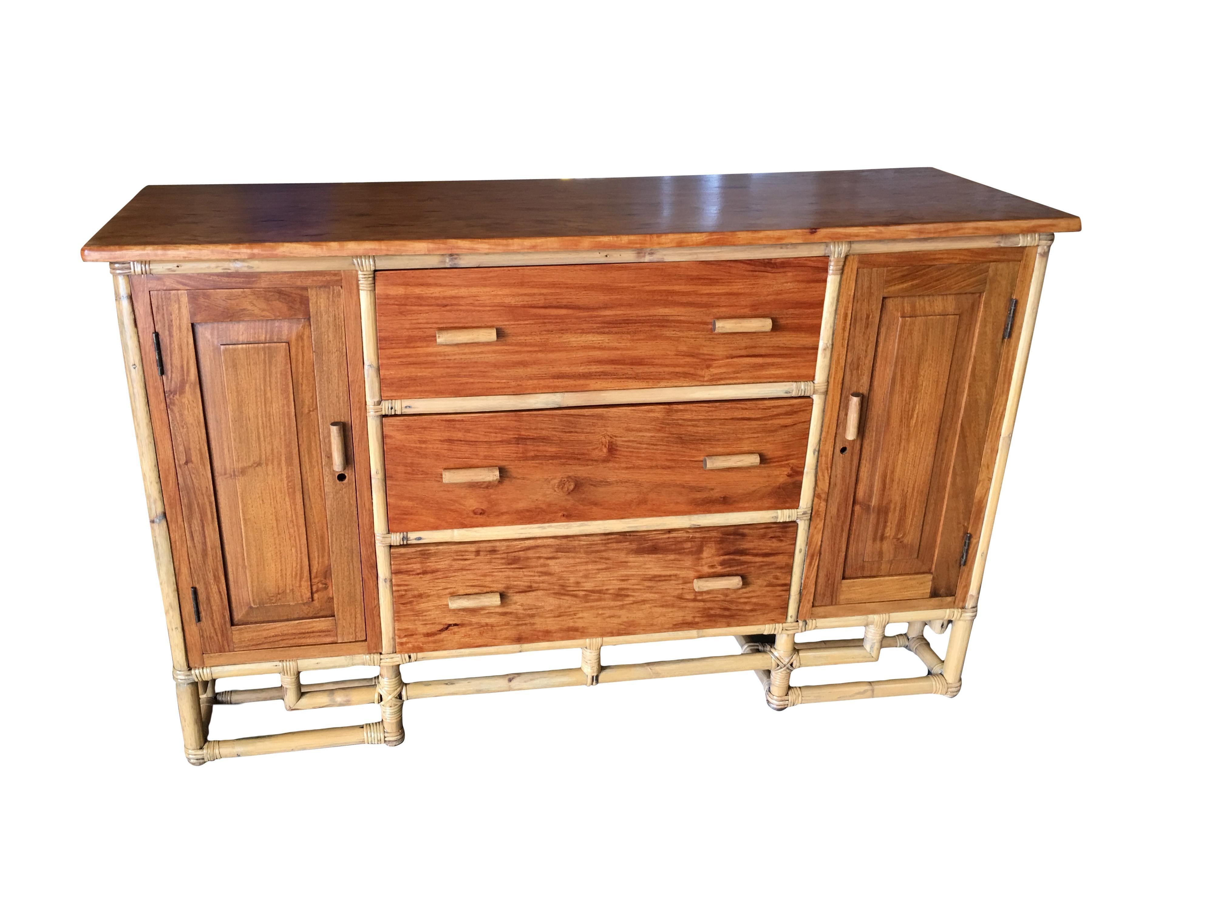 Mid-Century Modern Restored Paul Frankl Stacked Rattan Sideboard with Mahogany Top