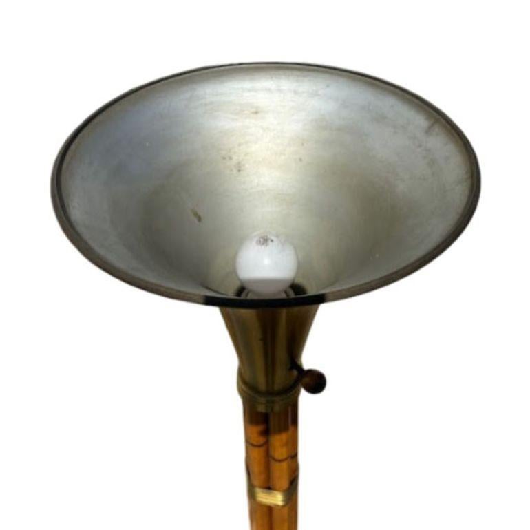 Mid-20th Century Restored Stacked Rattan Torchère Floor Lamps Brass Shade by Russel Wright, Pair For Sale