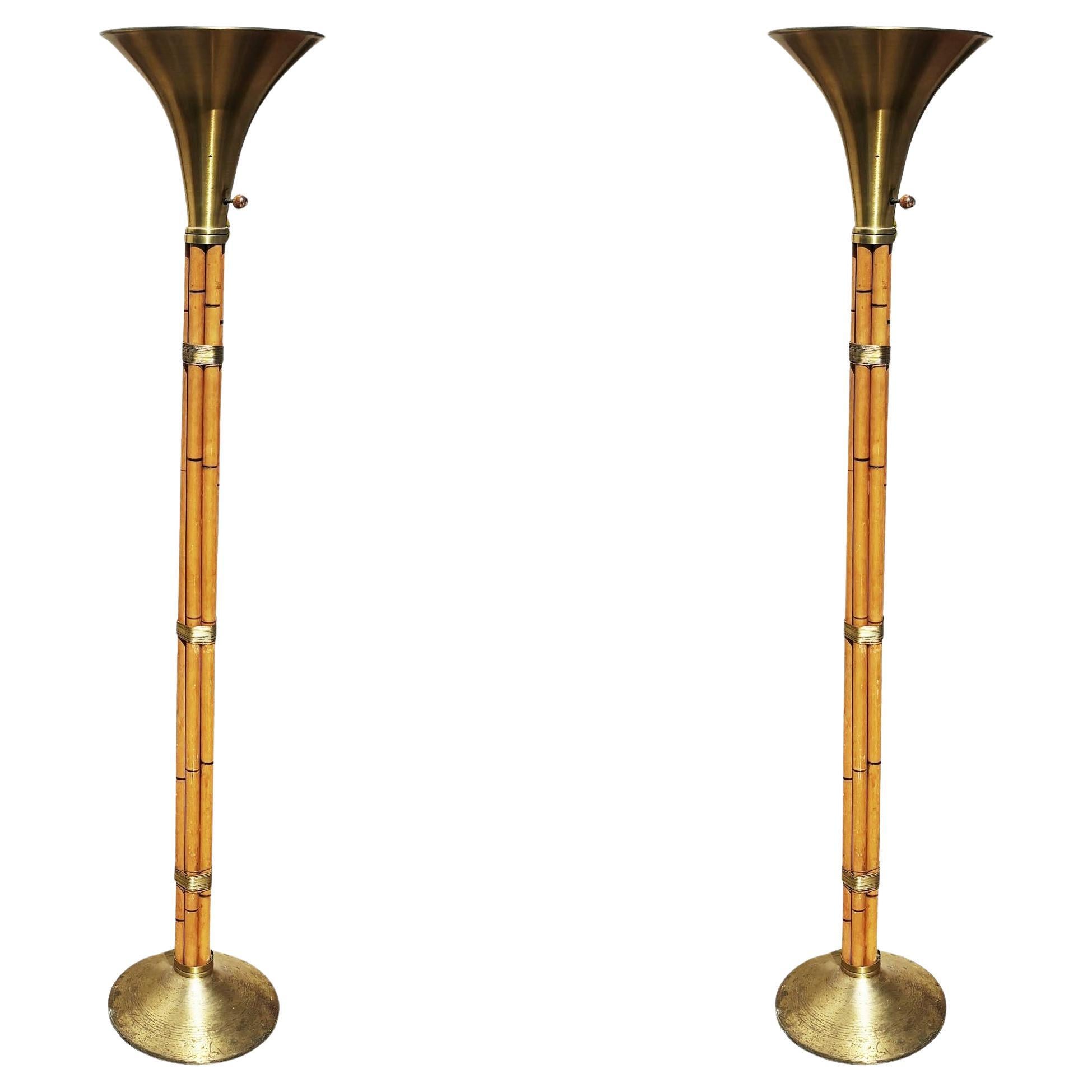 Restored Stacked Rattan Torchère Floor Lamps Brass Shade by Russel Wright, Pair For Sale