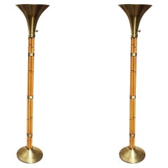 Used Restored Stacked Rattan Torchère Floor Lamps Brass Shade by Russel Wright, Pair