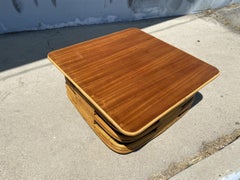 Restored Stacked Slat Rattan Cocktail Table with Cutouts and Mahogany Top