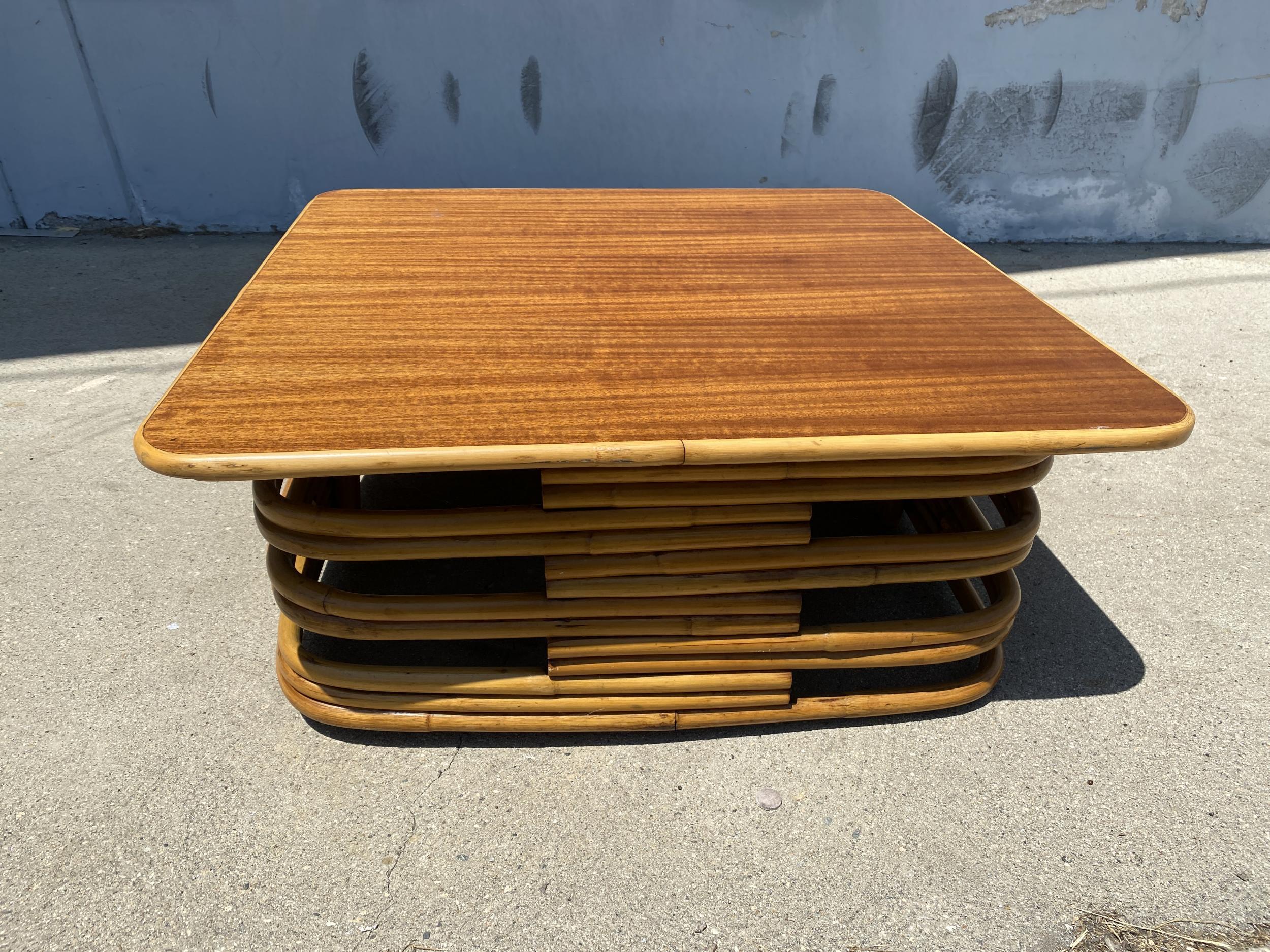 American Restored Stacked Slat Rattan Cocktail Table with Cutouts and Mahogany Top For Sale
