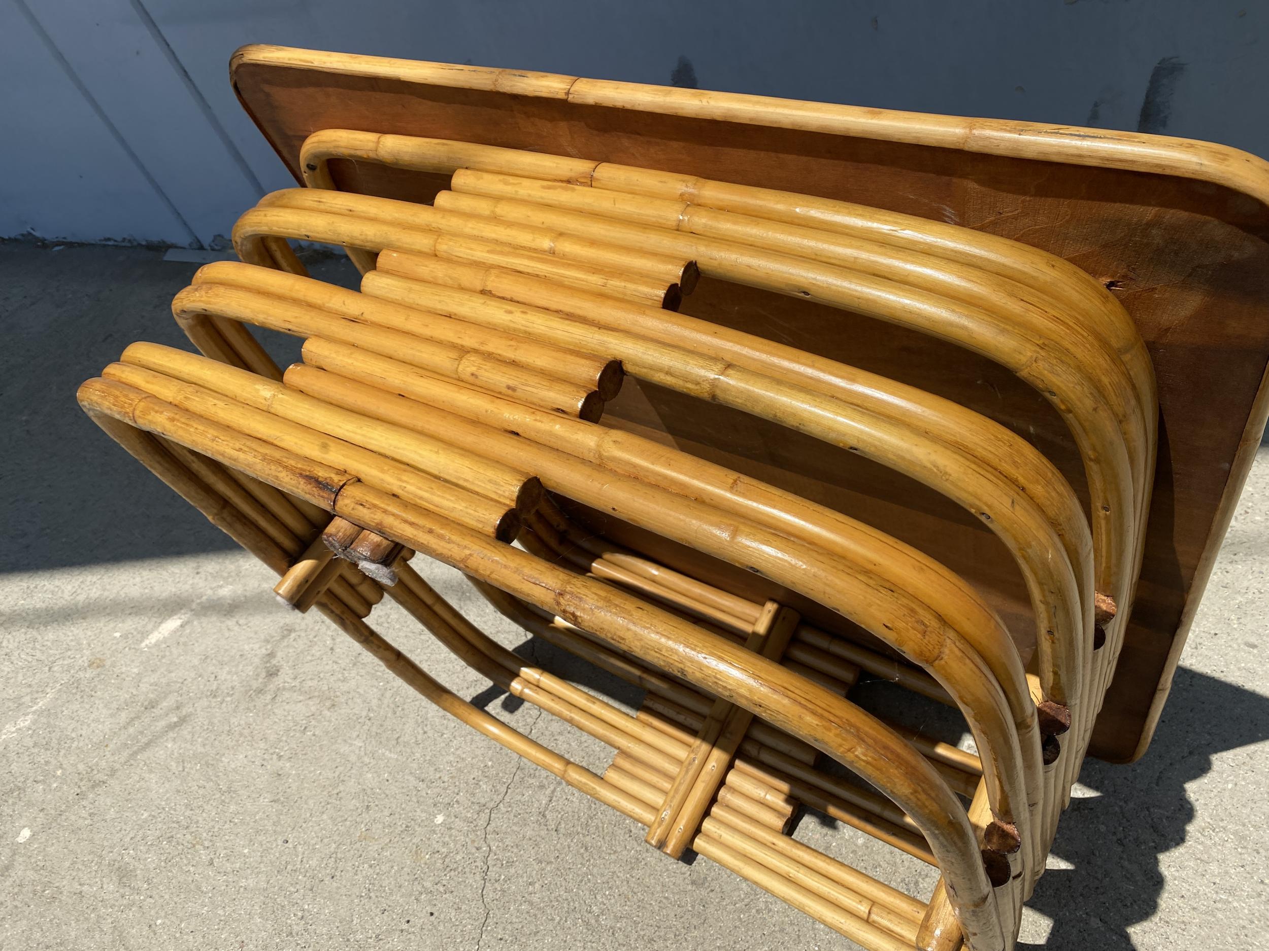 Restored Stacked Slat Rattan Cocktail Table with Cutouts and Mahogany Top In Excellent Condition For Sale In Van Nuys, CA