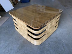 Restored Stacked Slat Rattan Coffee Table W/ Mahogany & Glass Top