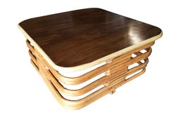 Restored Stacked Slat Rattan Coffee Table with Mahogany Top