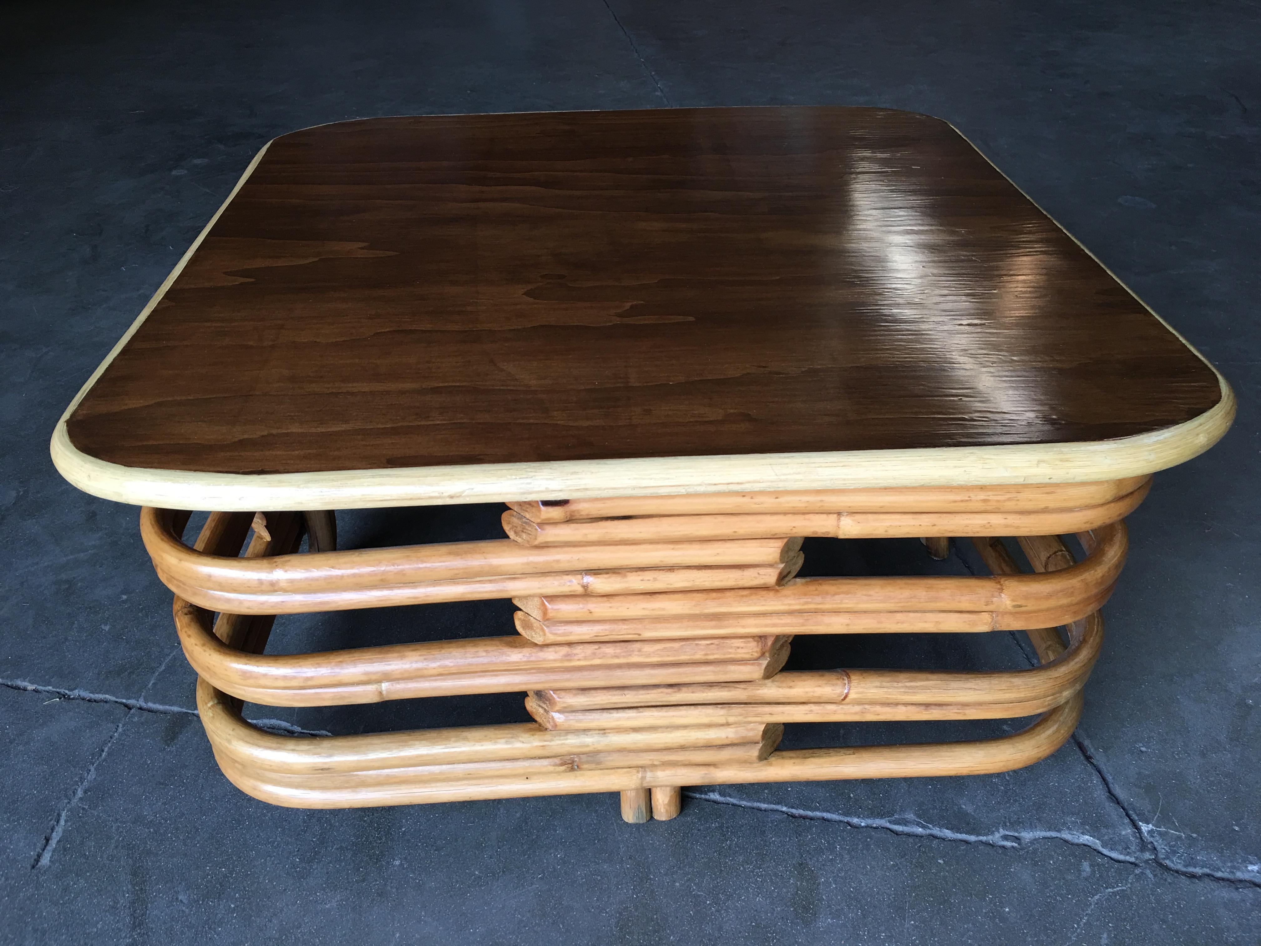 Mid-Century Modern Restored Stacked Slat Rattan Coffee Table with Mahogany Top