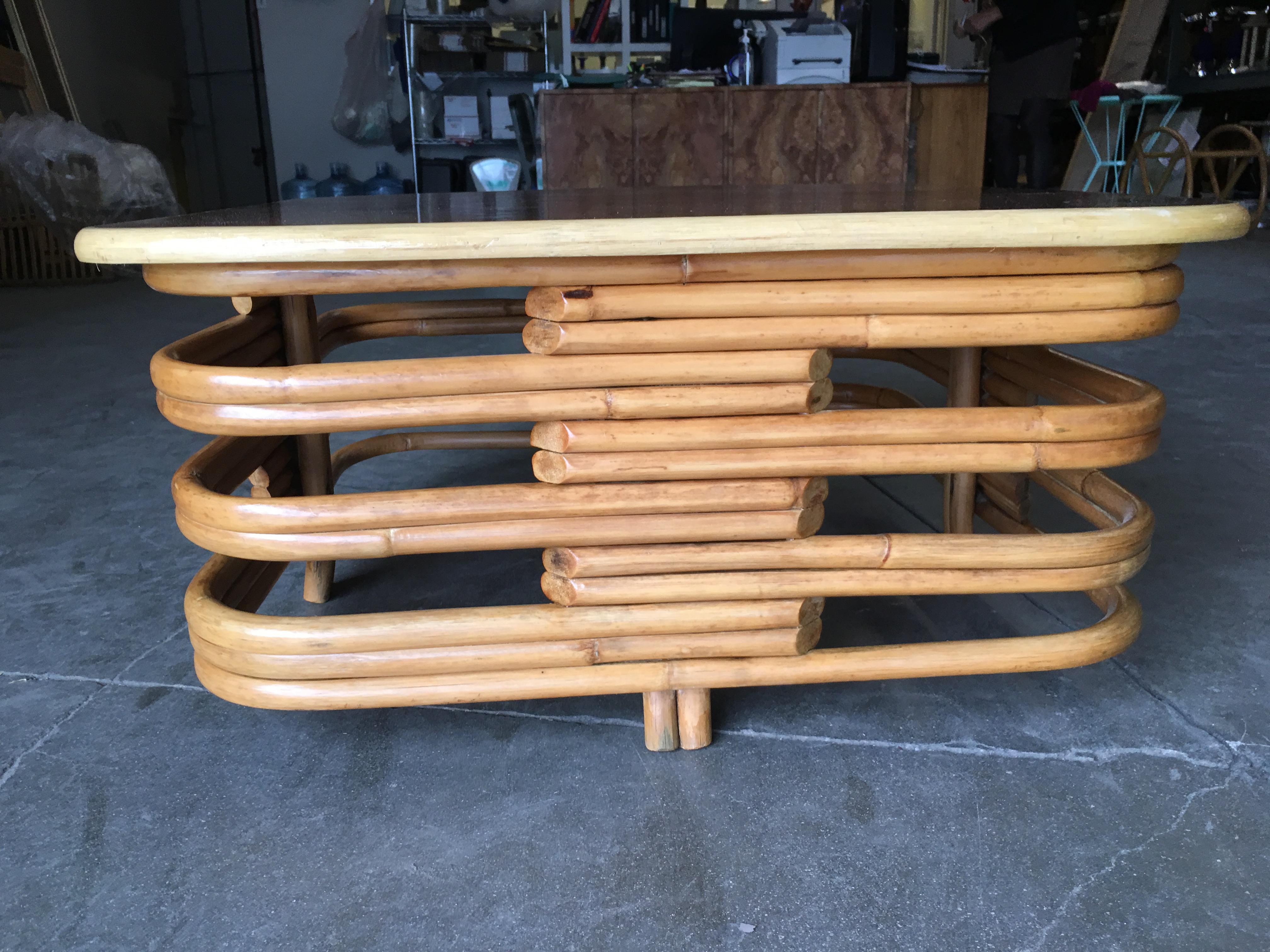 American Restored Stacked Slat Rattan Coffee Table with Mahogany Top