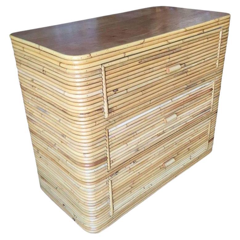 Restored Stacked Stcik Reed Rattan Lowboy Dresser With Mahogany Top