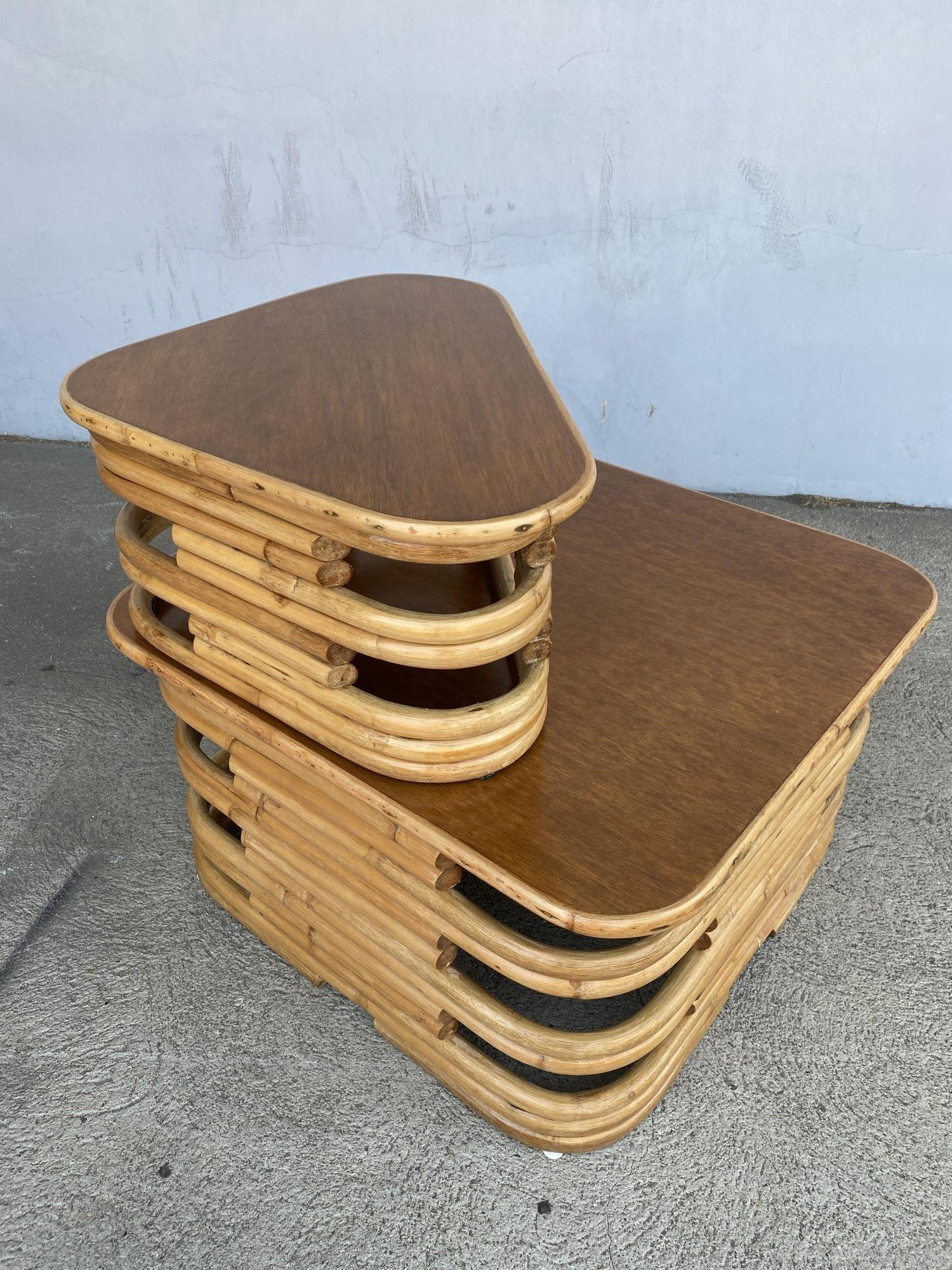 Mid-Century Modern Restored Stacked Two-Tier Rattan Corner Side Table For Sale