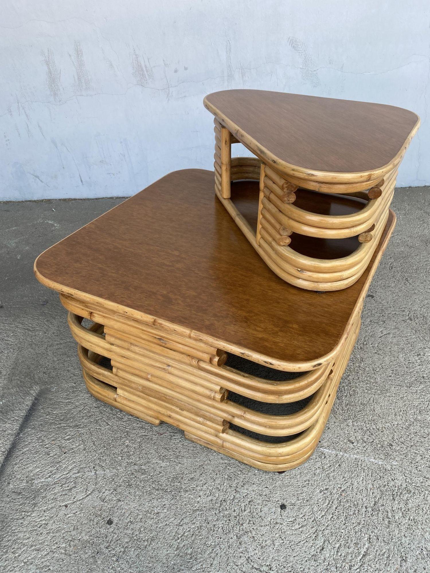Restored Stacked Two-Tier Rattan Corner Side Table In Excellent Condition For Sale In Van Nuys, CA
