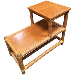 Restored Stick Leg Rattan Side Table with Two-Tier Wood Tops