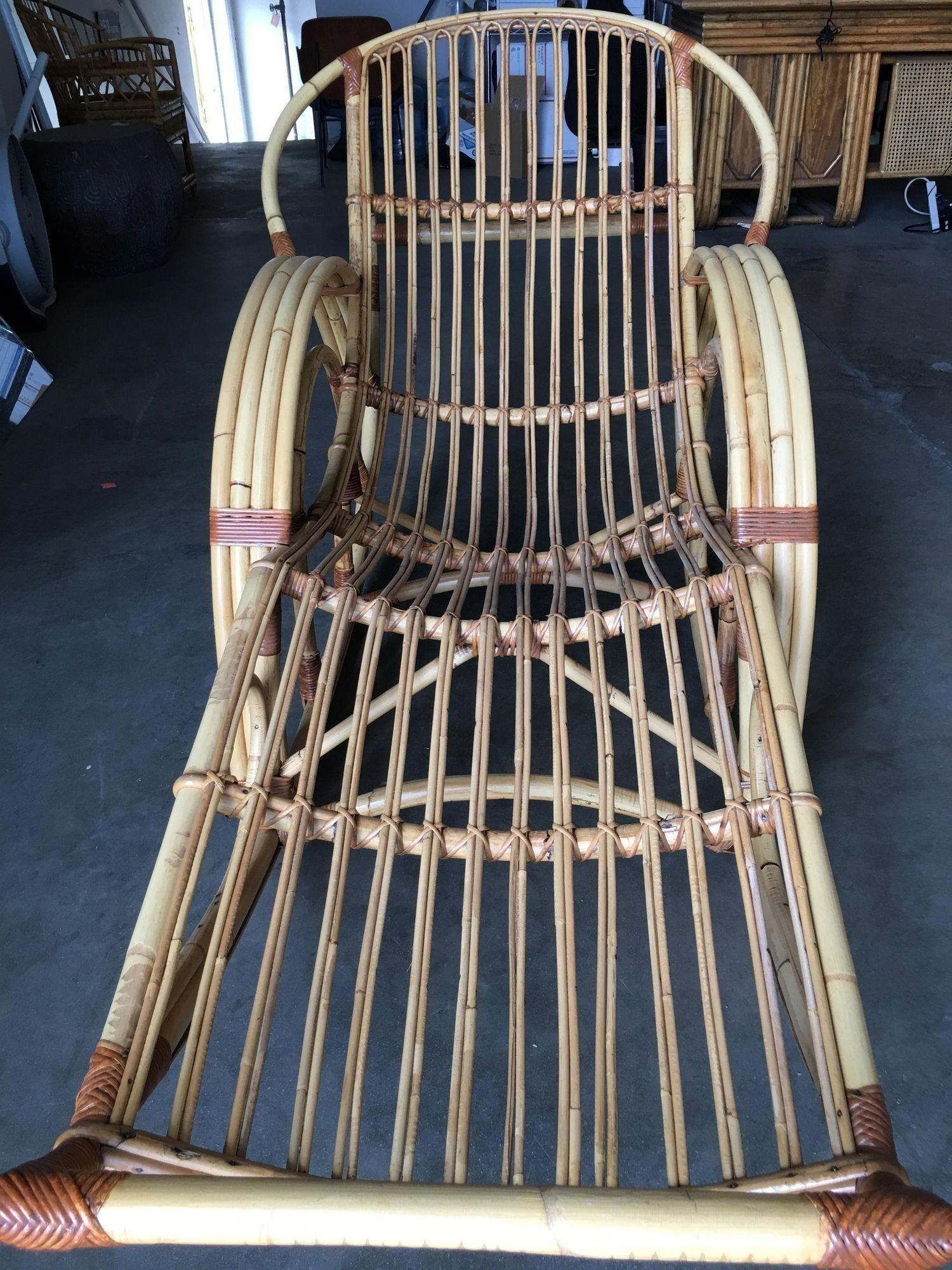 Restored Stick Pencil Rattan Rocking Lounge Chair by Emerson In Excellent Condition For Sale In Van Nuys, CA