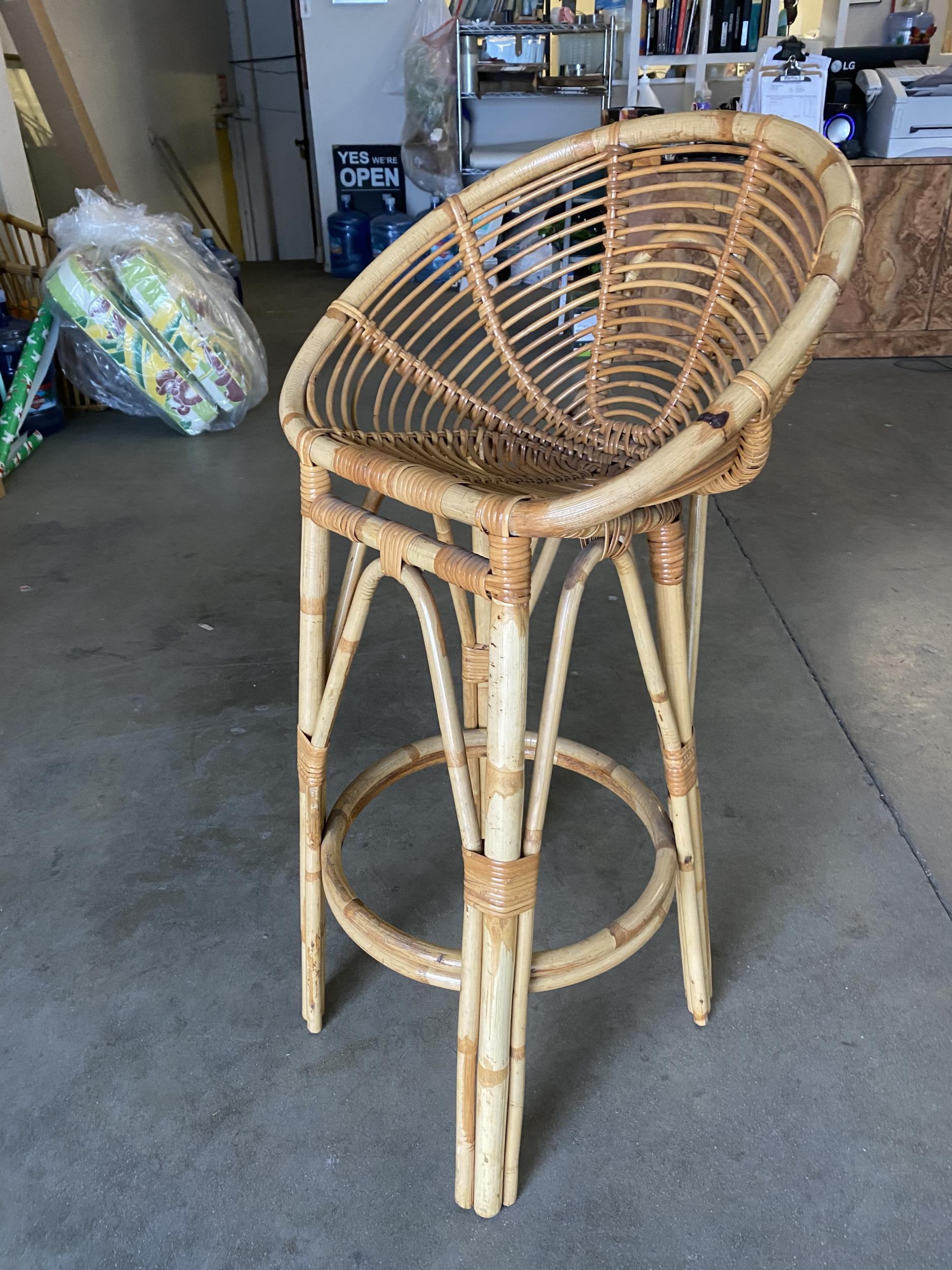 Mid-Century Modern Restored Stick Rattan Bar Stools in the Manner of Albini, Pair For Sale