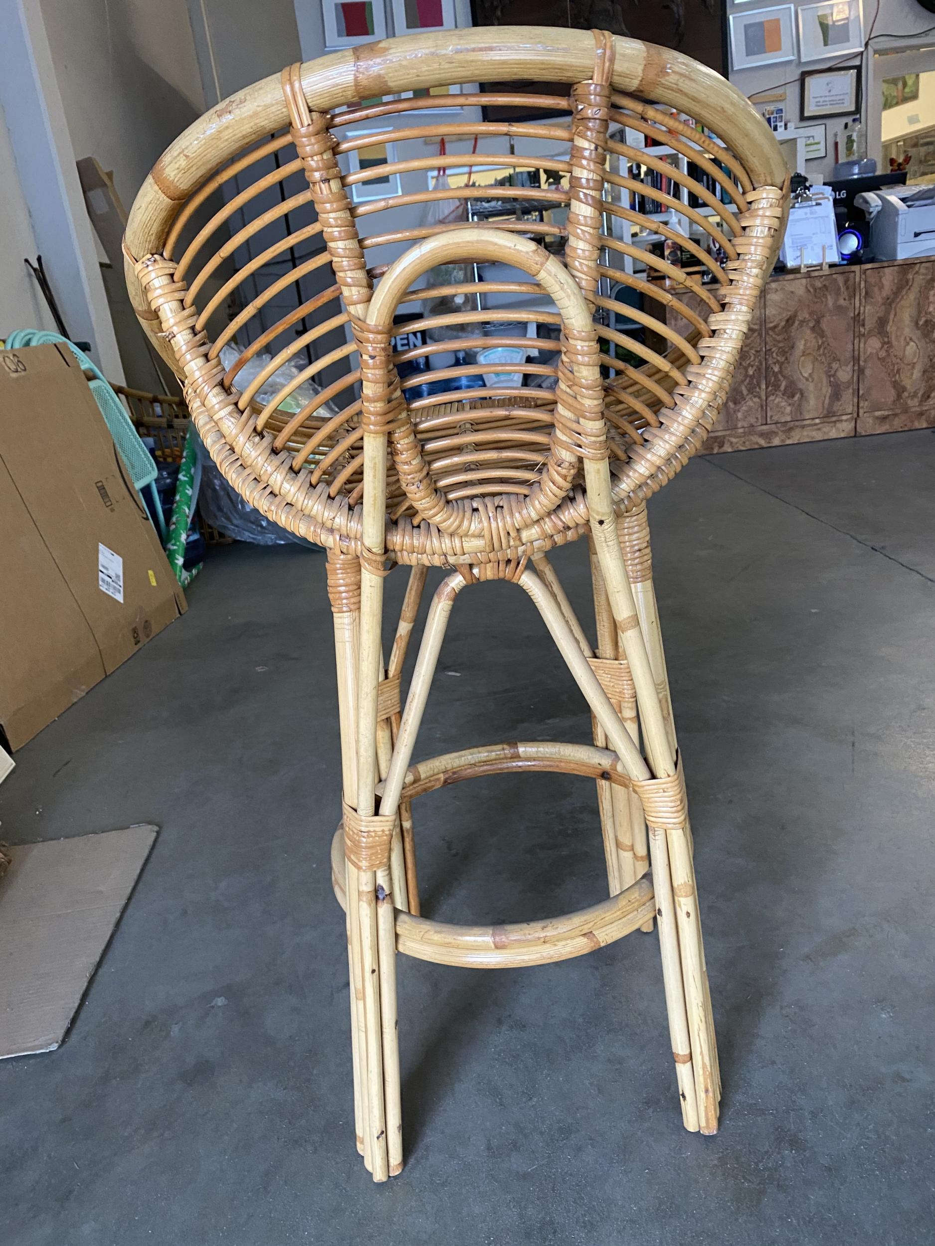 Restored Stick Rattan Bar Stools in the Manner of Albini, Pair In Excellent Condition For Sale In Van Nuys, CA