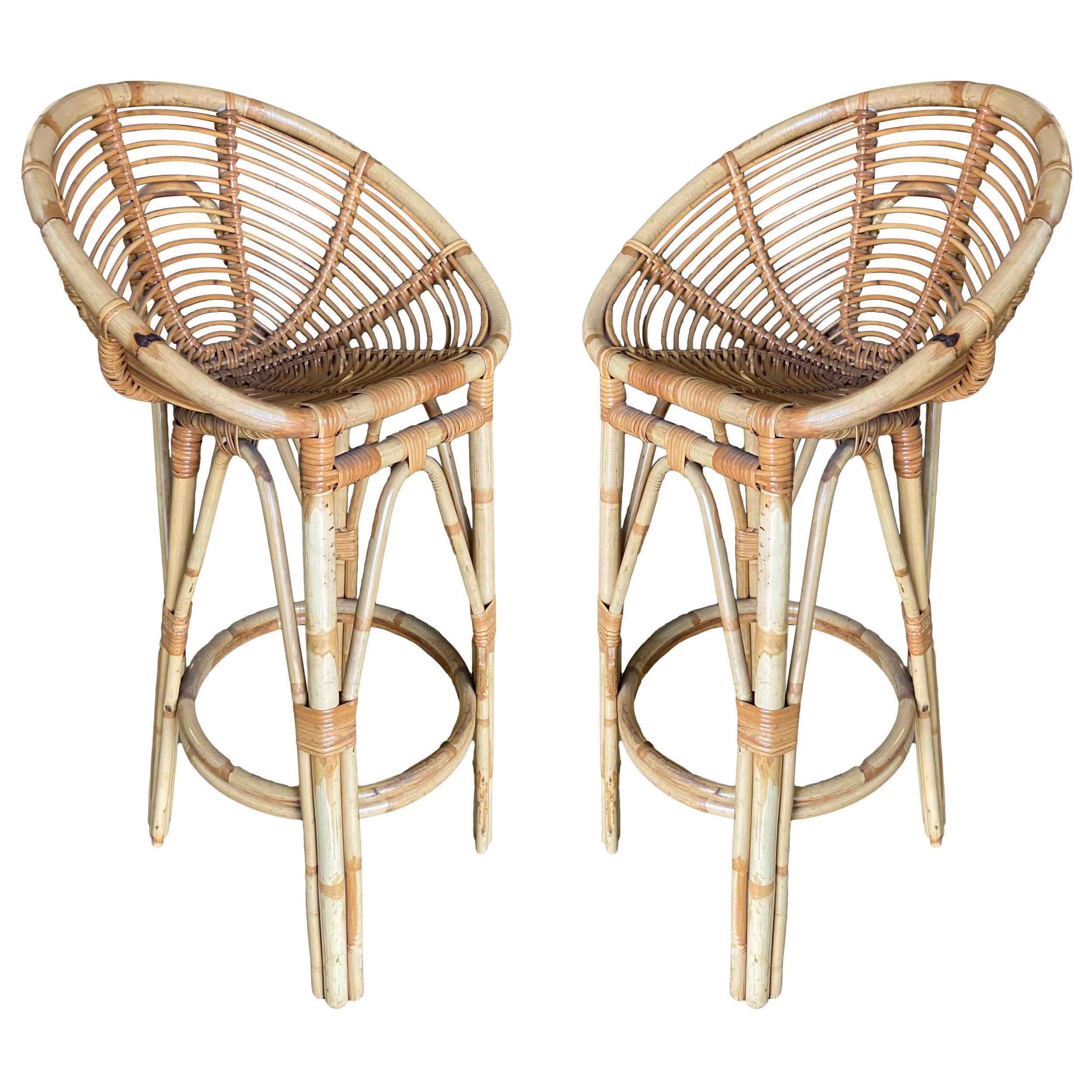 Restored Stick Rattan Bar Stools in the Manner of Albini, Pair For Sale