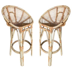 Restored Stick Rattan Bar Stools in the Manner of Albini, Pair