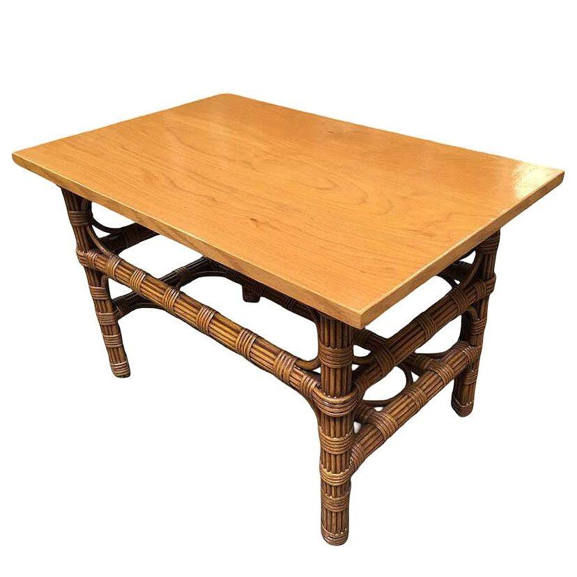 Mid-Century Modern Restored Stick Rattan Side Table with Bleached Mahogany Top For Sale