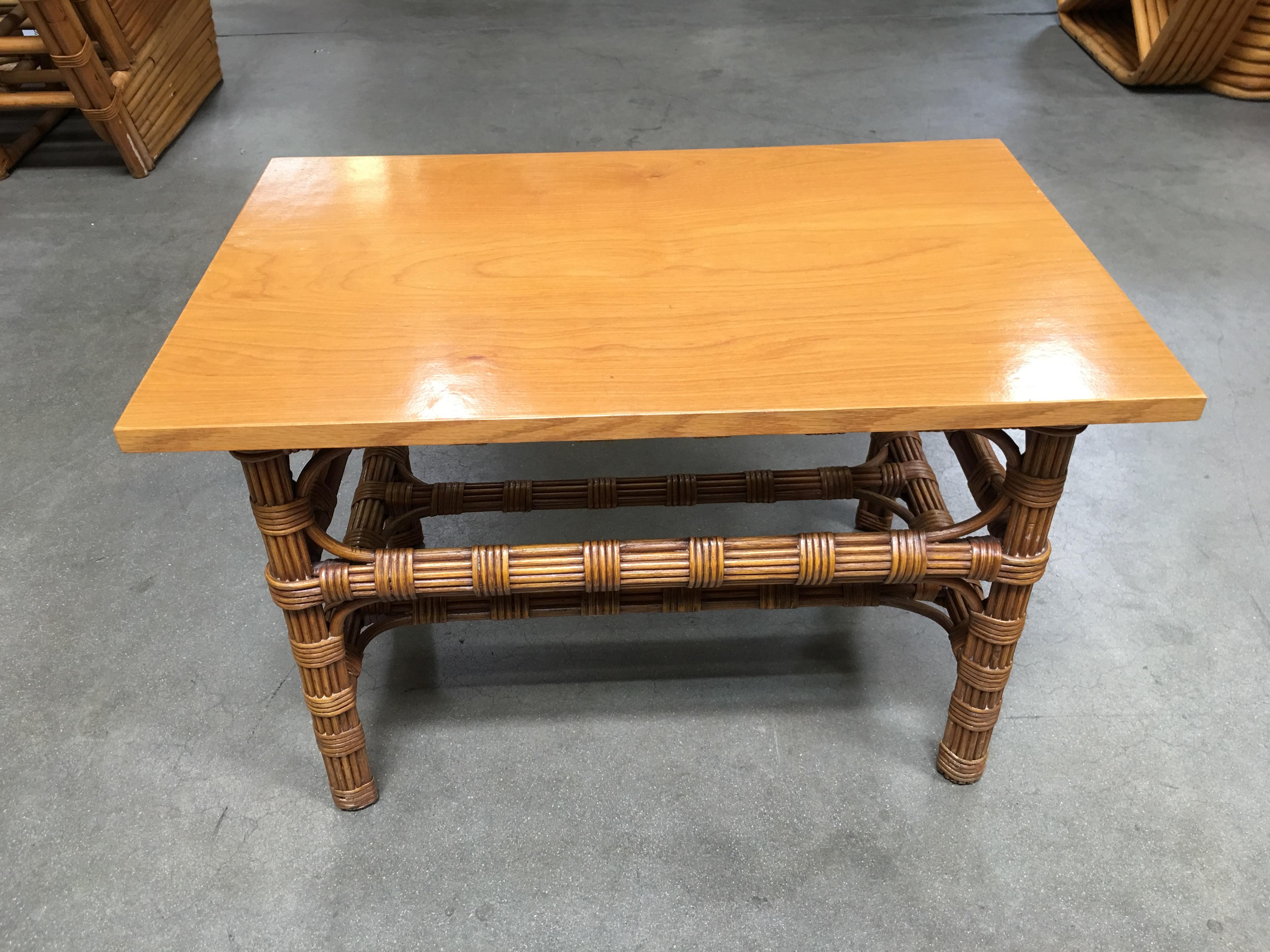 American Restored Stick Rattan Side Table with Bleached Mahogany Top For Sale