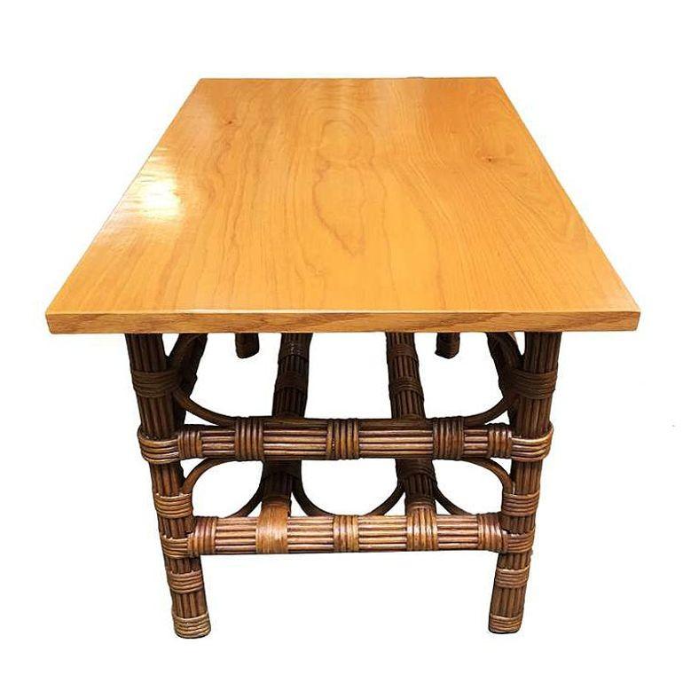 American Restored Stick Rattan Side Table with Bleached Mahogany Top For Sale