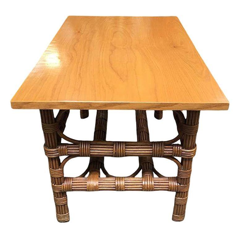 Mid-20th Century Restored Stick Rattan Side Table with Bleached Mahogany Top For Sale