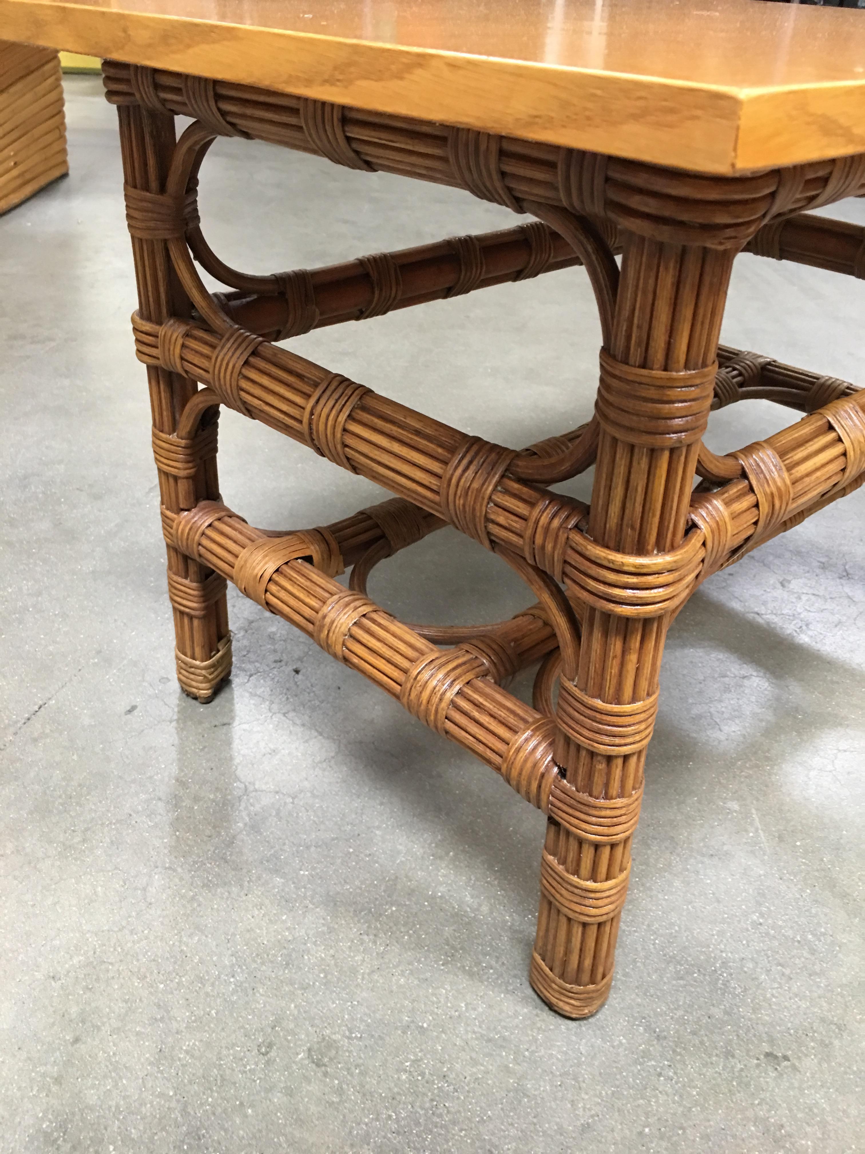 Wicker Restored Stick Rattan Side Table with Bleached Mahogany Top For Sale