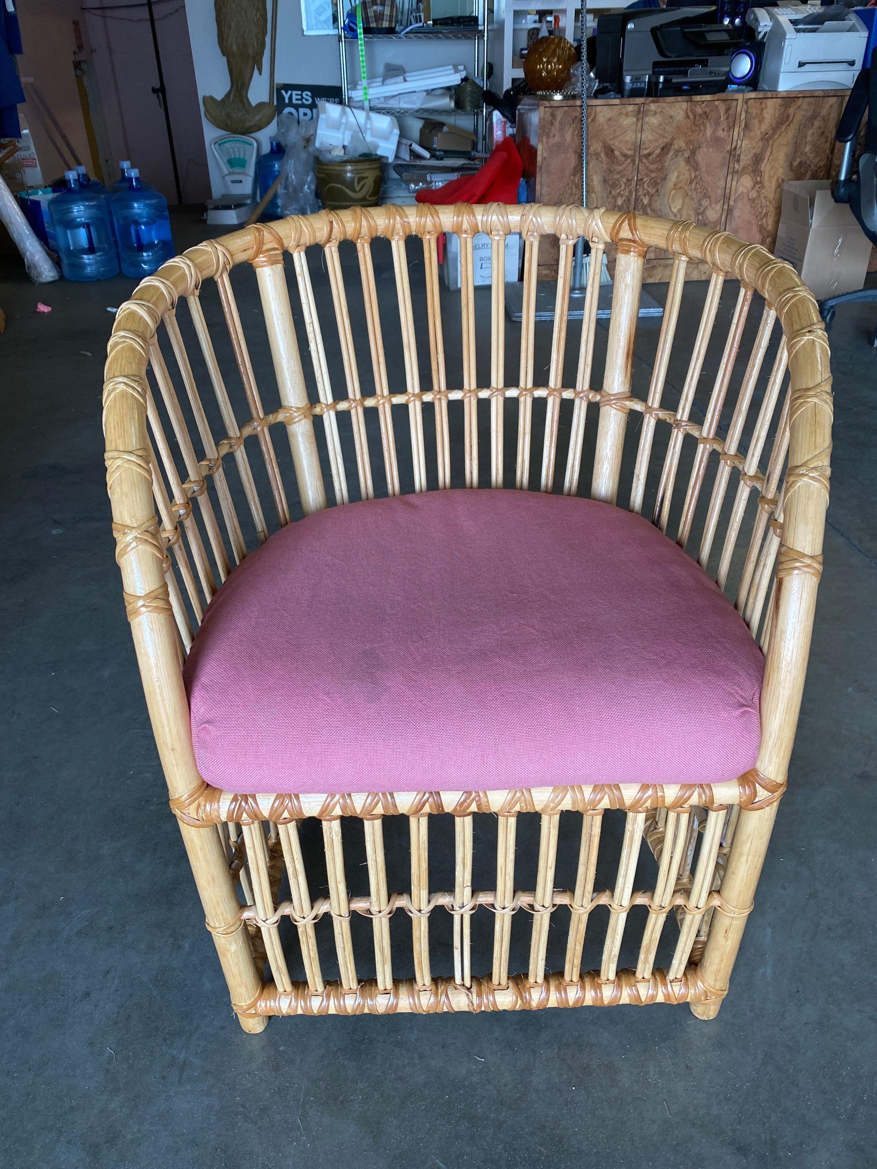 Mid Century stick rattan spindle barrel dining armchair, each chair features a removable padded seat and a barrel back seat.


We only purchase and sell only the best and finest rattan furniture made by the best and most well-known American